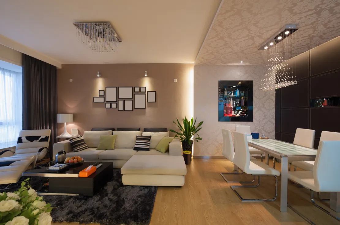 Beautifully designed living room with modern furniture and decor